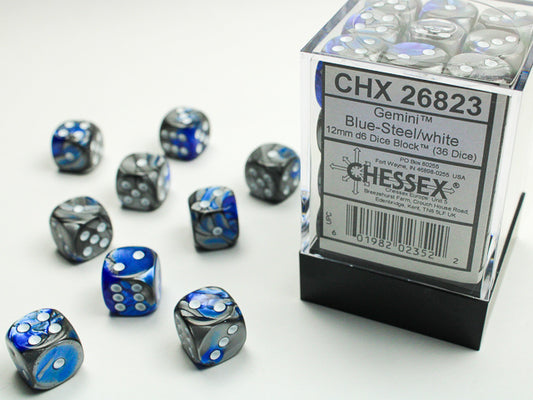 Gemini 12mm D6 Dice Block - Blue & Steel w/White