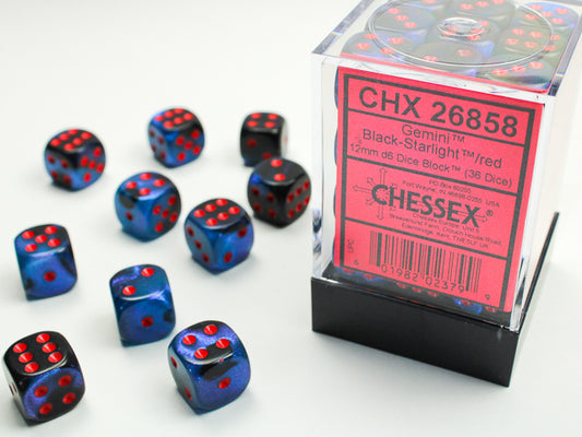 Gemini 12mm D6 Dice Block - Black & Starlight w/Red