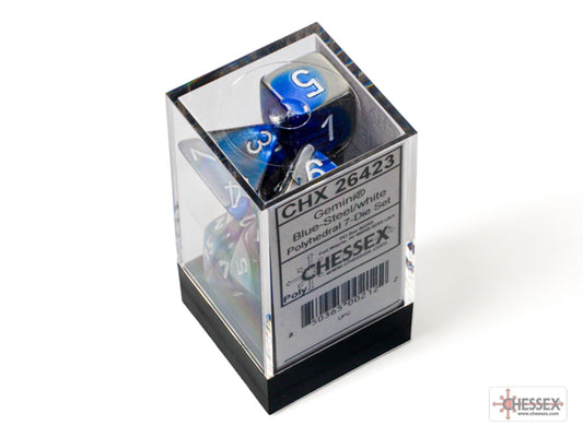 Gemini Polyhedral 7 Dice Set - Blue, Steel & w/White