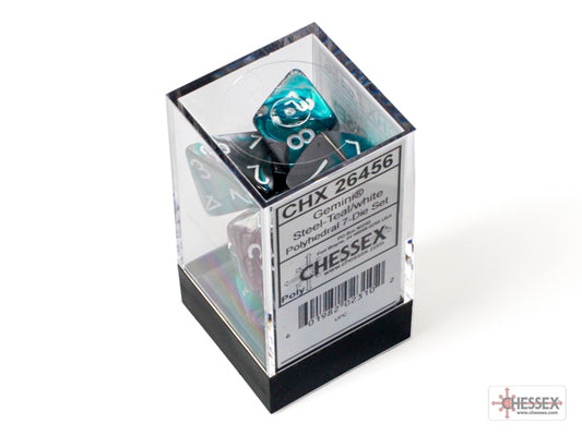 Gemini Polyhedral 7 Dice Set - Steel-Teal w/White
