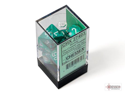Marble Polyhedral 7 Dice Set - Oxi-Copper & White