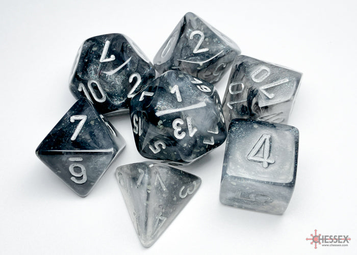 Borealis Polyhedral 7 Dice Set - Luminary Light Smoke Silver