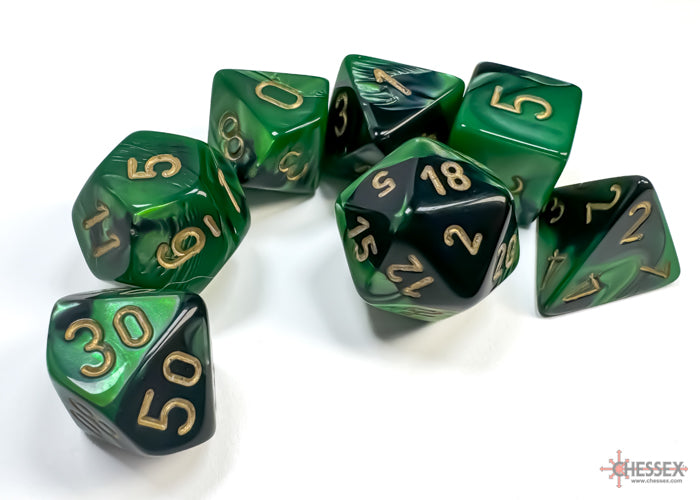 Gemini Polyhedral 7 Dice Set - Black-Green w/Gold