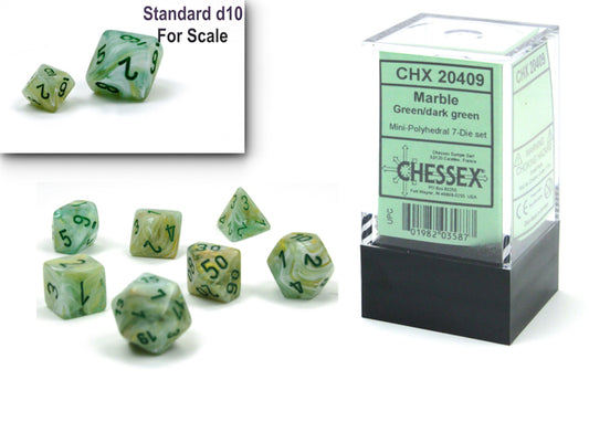 Mini Marble Polyhedral 7 Die Set - Green & Dark Green