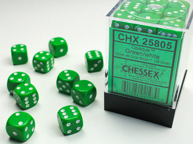 Opaque 12mm D6 Dice Block - Green w/White