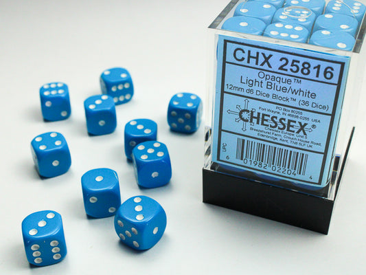 Opaque 12mm D6 Dice Block - Light Blue w/White