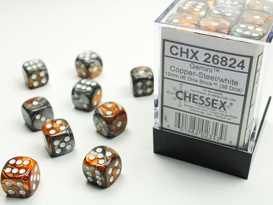 Gemini 12mm D6 Dice Block - Copper & Steel w/White