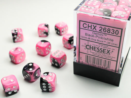 Gemini 12mm D6 Dice Block - Black & Pink w/White