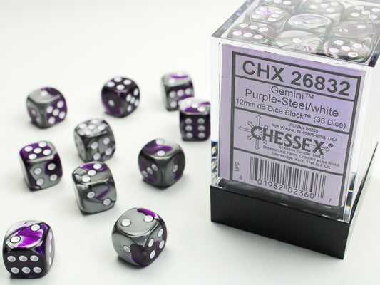 Gemini 12mm D6 Dice Block - Purple & Steel w/White