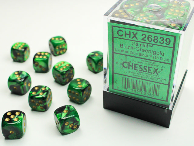 Gemini 12mm D6 Dice Block - Black & Green w/Gold