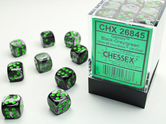 Gemini 12mm D6 Dice Block - Black& Grey w/Green