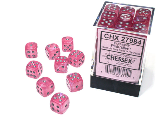 Borealis 12mm D6 Dice Block - Luminary Pink & Silver Luminary Dice Block