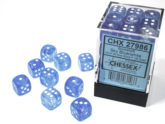 Borealis 12mm D6 Dice Block - Luminary Sky Blue & White Dice Block