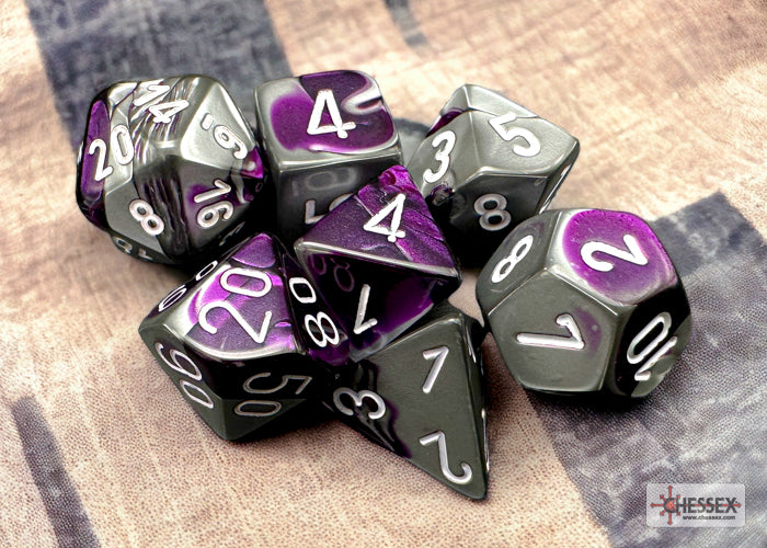 Gemini Polyhedral 7 Dice Set - Purple-Steel w/White