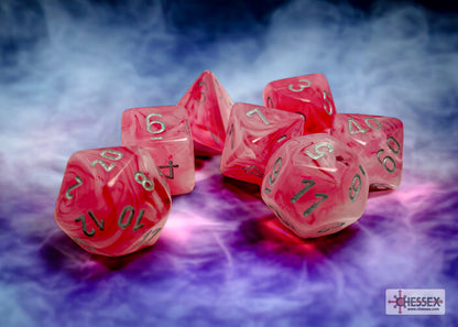 Ghostly Polyhedral 7 Dice Set - Glow Pink & Silver