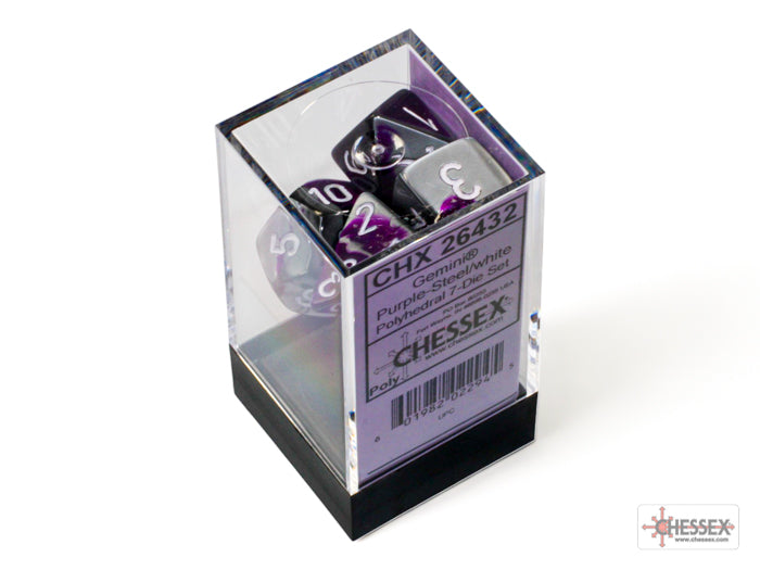 Gemini Polyhedral 7 Dice Set - Purple-Steel w/White