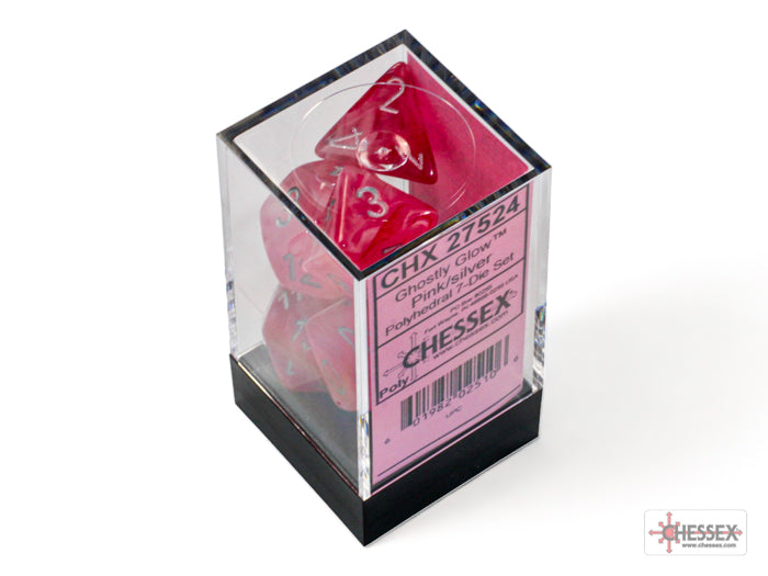 Ghostly Polyhedral 7 Dice Set - Glow Pink & Silver