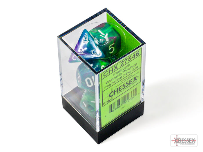 Festive Polyhedral 7 Dice Set - Waterlily & White