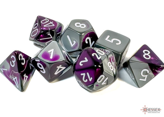 Gemini Polyhedral 7 Dice Set - Purple-Steel w/White