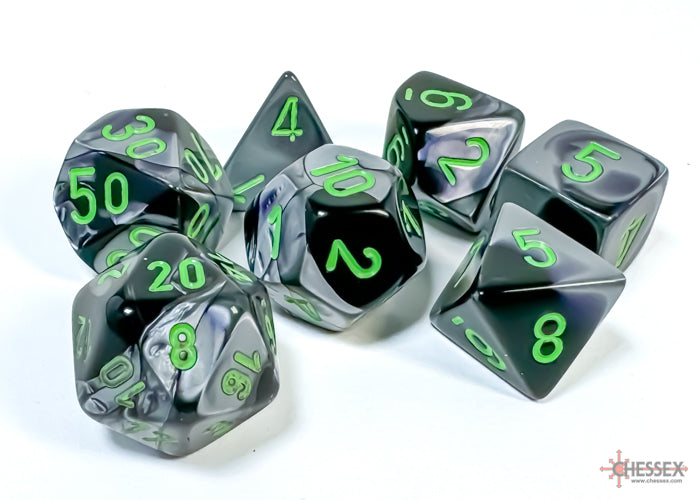 Gemini Polyhedral 7 Dice Set - Black-Grey w/Green